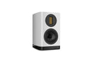 White bookshelf speaker with black details on a white background