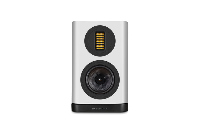 White bookshelf speaker with black accents on a white background