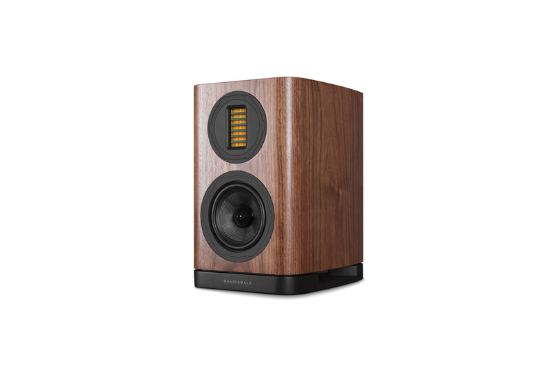 Wooden bookshelf speaker with black accents on a white background