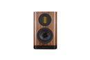 Wooden bookshelf speaker with black accents on a white background
