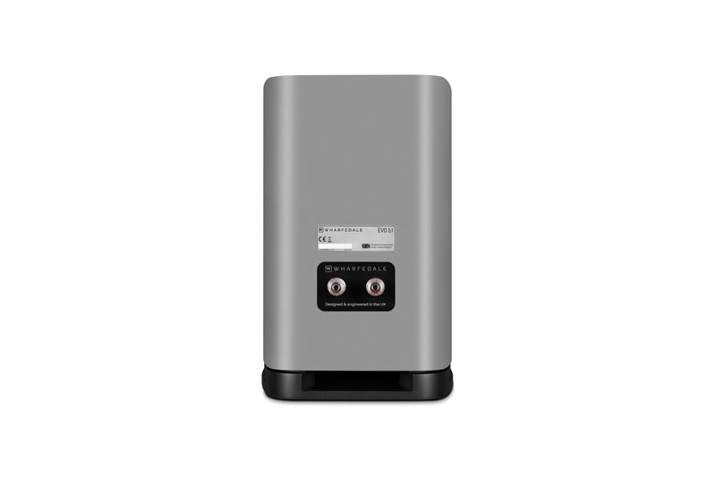 Back of a gray bookshelf speaker on a white background