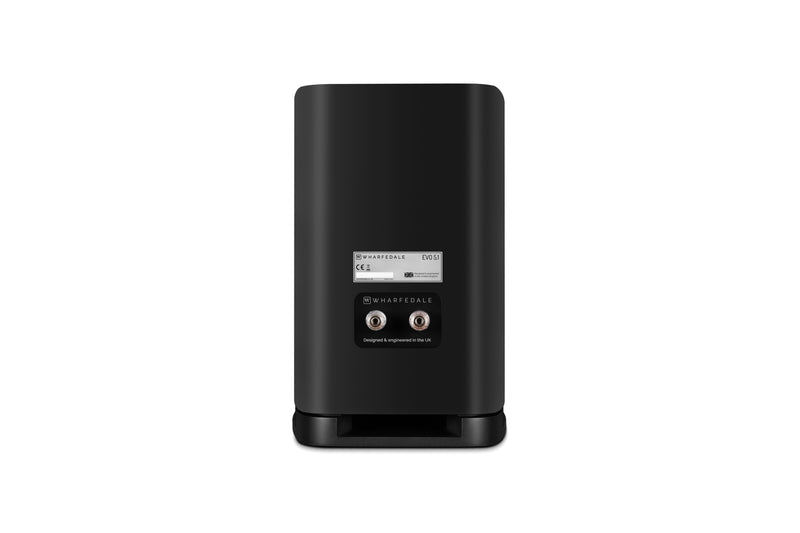 Back of a black bookshelf speaker on a white background