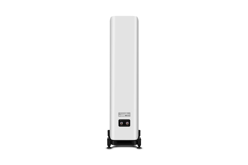 Back of a white floor-standing speaker on a white background