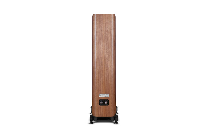 Back of a wooden floor-standing speaker on a white background