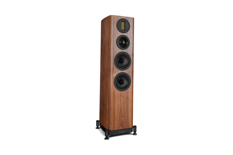 Wooden floor-standing speaker on a white background