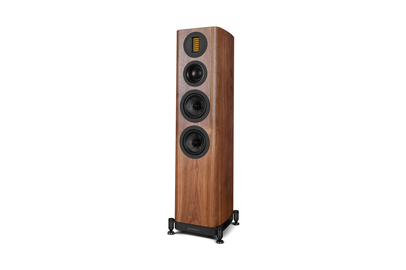 Wooden floor-standing speaker on a white background
