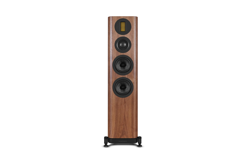 Wooden floor-standing speaker on a white background