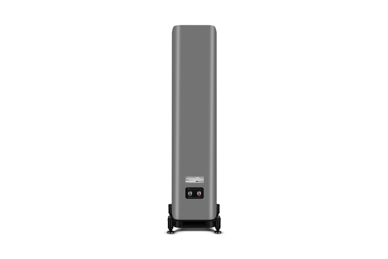 Back of a gray floor-standing speaker on a white background