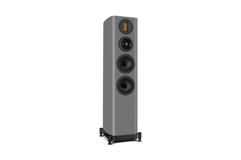 Gray floor-standing speaker on a white background