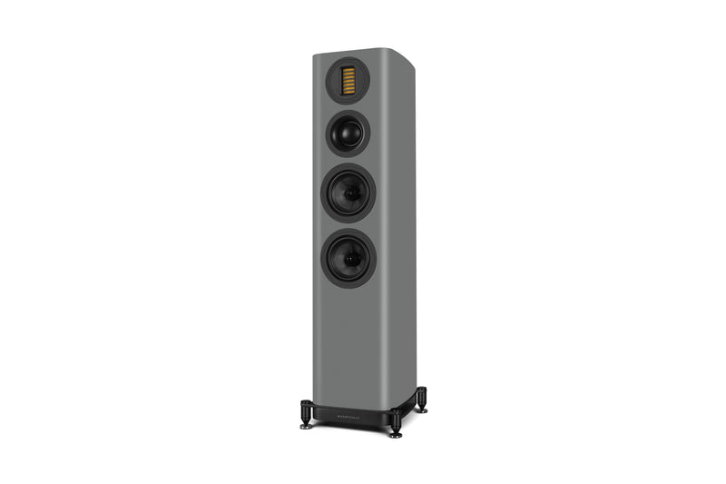 Gray floor-standing speaker on a white background