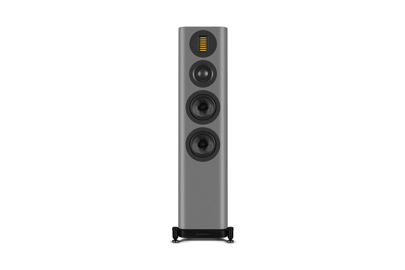 Gray floor-standing speaker on a white background