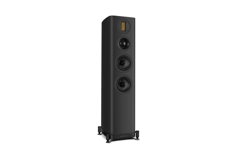 Black floor-standing speaker on a white background