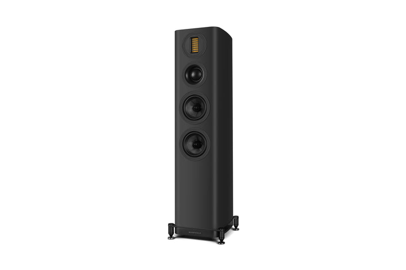 Black floor-standing speaker on a white background