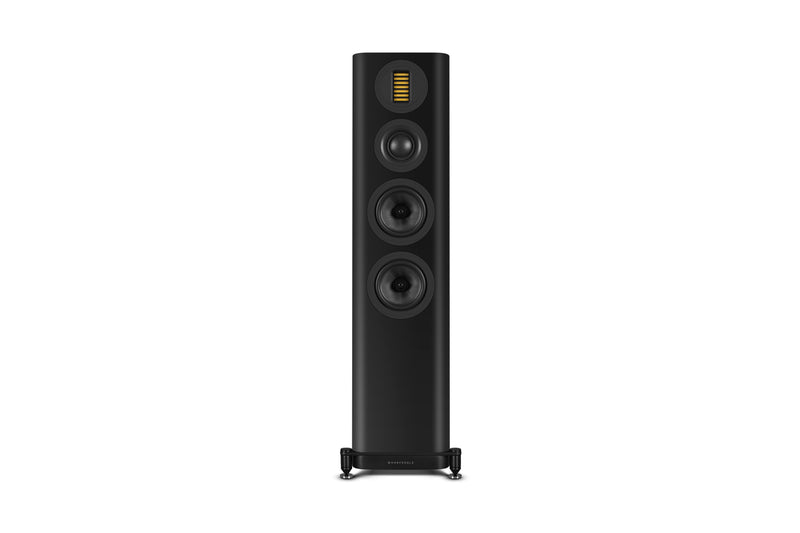 Black floor-standing speaker on a white background
