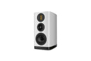 White bookshelf speaker with black accents on a white background
