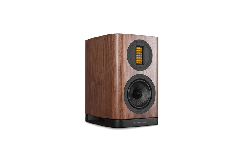 Wooden bookshelf speaker with black accents on a white background