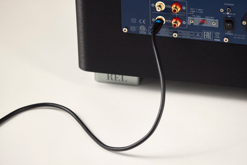 Back of a black subwoofer with a cable plugged into it on a white background