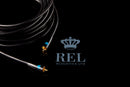 Coiled cable with connectors on a black background featuring REL Acoustics Ltd logo.