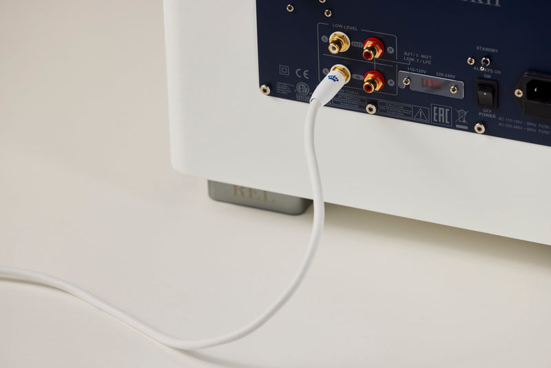 Back of a white subwoofer with audio cables connected on a light grey background