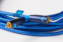 Blue braided audio cable with gold connectors on a white background