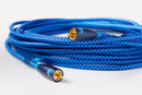 Blue braided audio cable with gold connectors on a white background