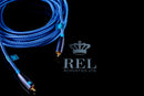 Blue braided audio cable with gold connectors on a black background, featuring the REL Acoustics Ltd logo.