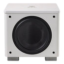 White subwoofer with black mesh on a white background