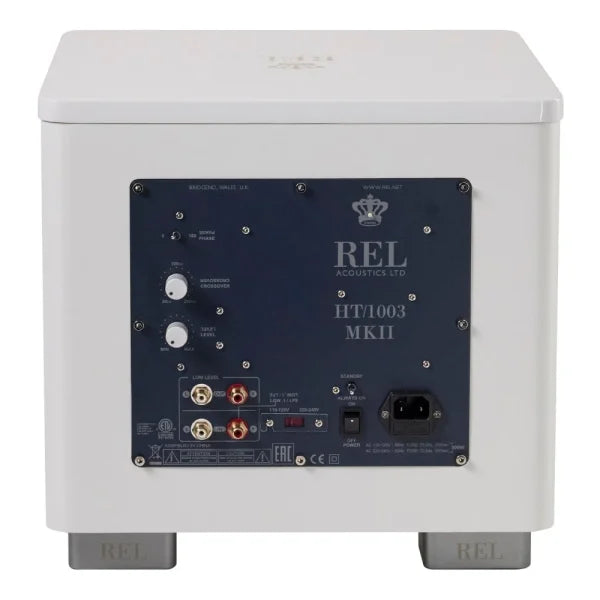 Back panel of a REL Acoustics subwoofer with branding and model information.