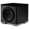 Black subwoofer with REL branding on a white background
