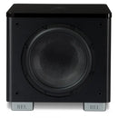 Black subwoofer with 'REL' branding on a white background