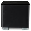 Black subwoofer with 'REL' branding on a white background
