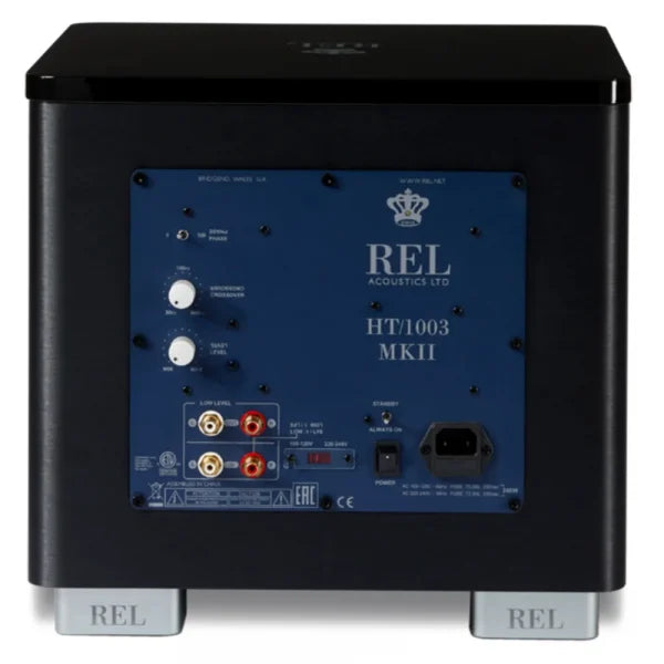 Back panel of a REL Acoustics subwoofer with branding and connectivity options.