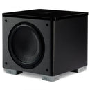 Black subwoofer with REL branding on a white background