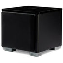 Black subwoofer with 'REL' branding on a white background