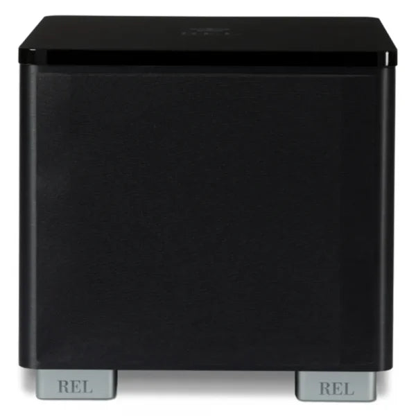 Black subwoofer with 'REL' branding on a white background