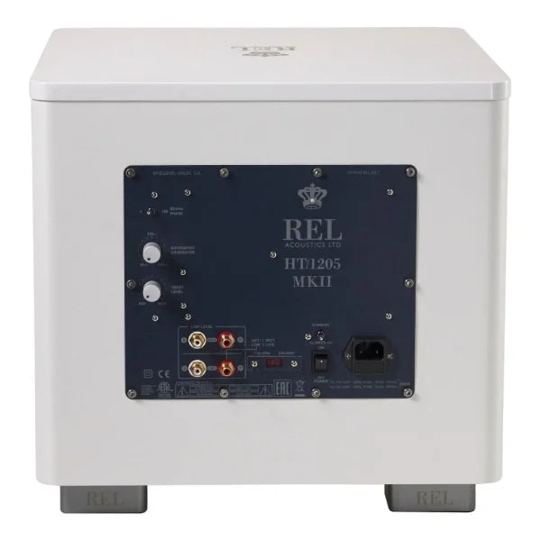 Back panel of a REL Acoustics subwoofer with model number HT1205 MKII on a white background