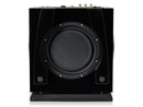 Bottom of a black subwoofer on a white background
