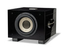 Black subwoofer with REL branding on a white background