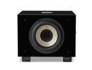 Black subwoofer with 'REL' branding on a white background