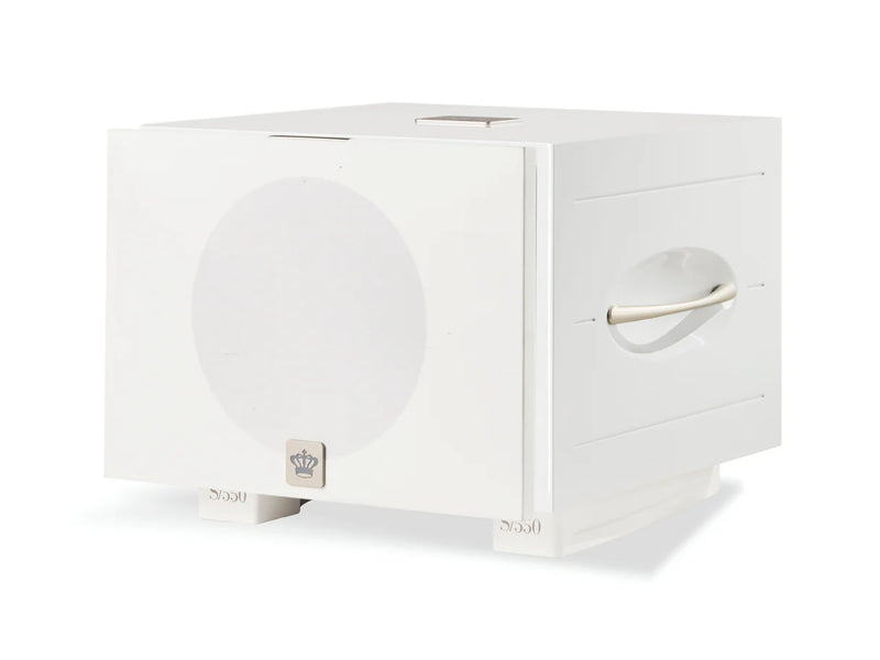 White subwoofer with a REL branding and a cloth cover on a white background