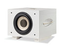 White subwoofer with REL branding on a white background