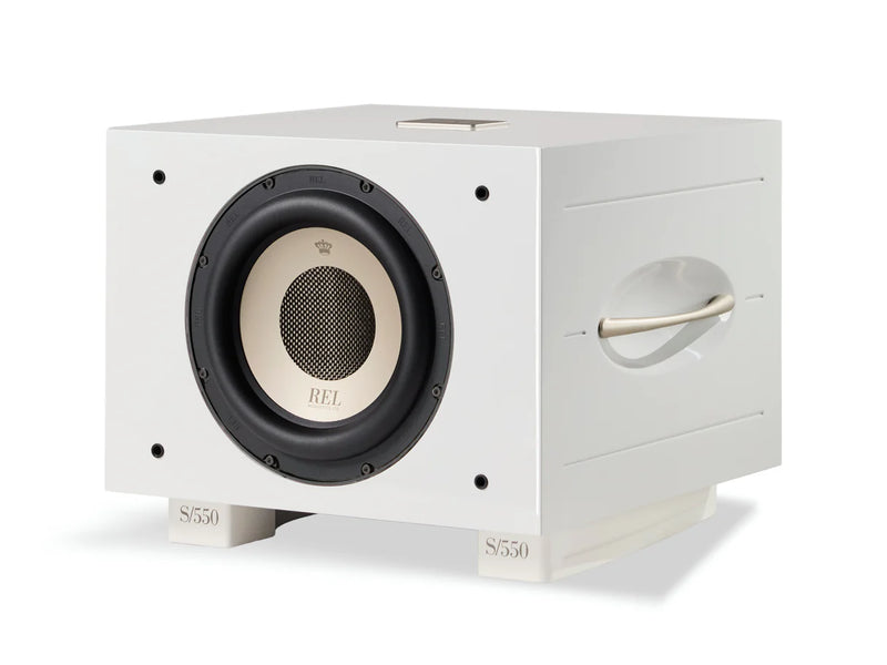 White subwoofer with REL branding on a white background