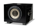 Black subwoofer with REL branding on a white background