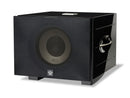 Black subwoofer with REL branding and a cloth cover on a white background