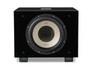 Front of a black subwoofer with REL branding on a white background