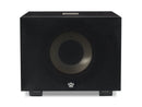 Front of a black subwoofer with REL branding and a cloth cover on a white background