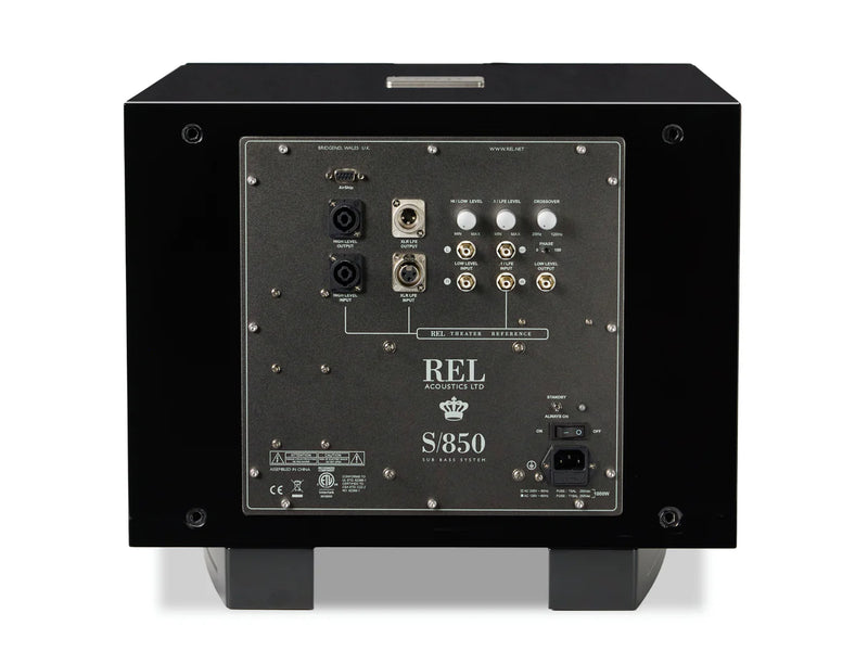Back of a black subwoofer with REL branding on a white background