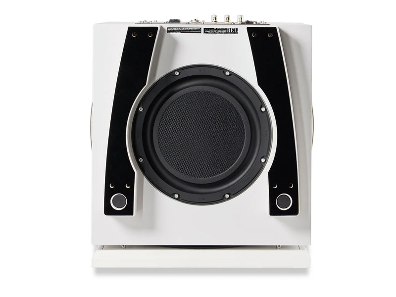 Bottom of a white subwoofer with REL branding on a white background