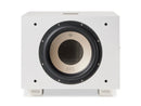Front of a white subwoofer with 'REL' branding on a white background