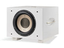 White subwoofer with 'REL' branding on a white background